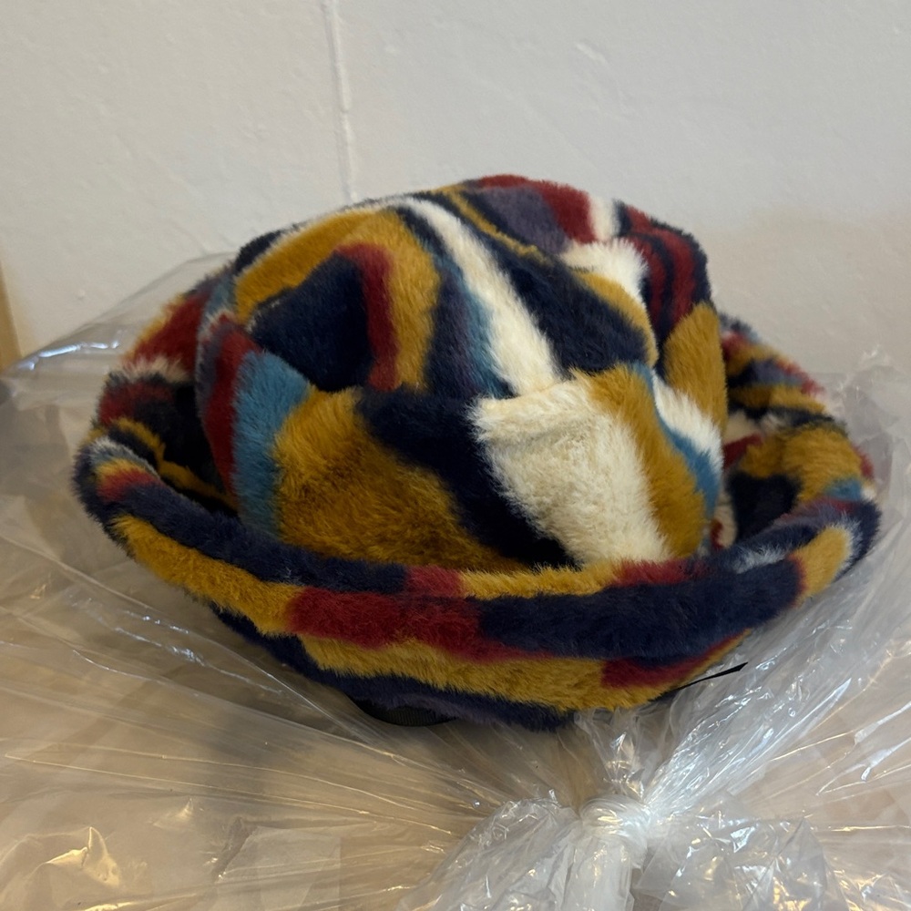 Multicolor Faux Fur Bucket Hat - Bold Stripe Pattern